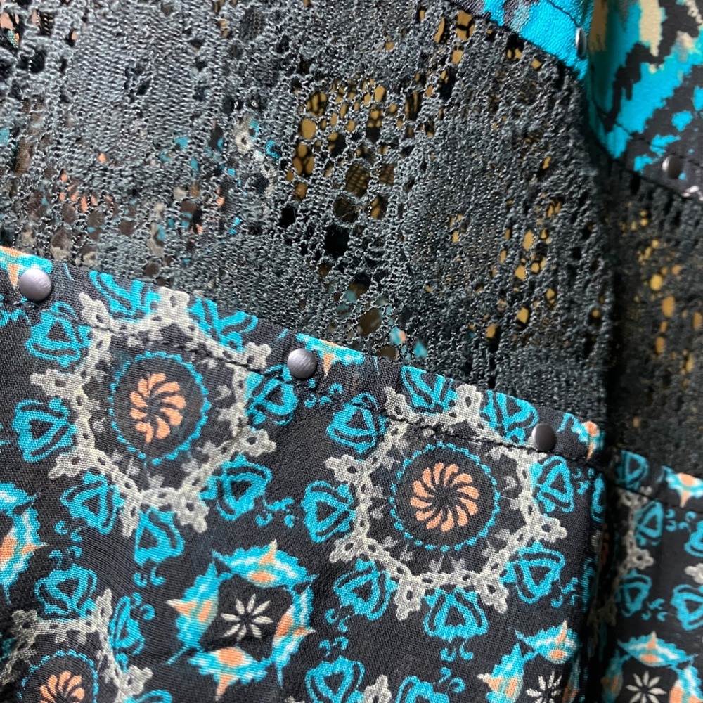 Multiples Peasant Blouse Women 3X Blue Boho Mixed Print Tassel Lace Trim Top - Picture 8 of 12
